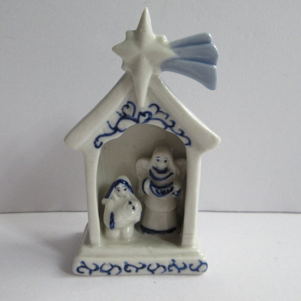 Blue Delft Porcelain Ceramic Nativity Manger Angel And Baby Jesus Ornament Vtg